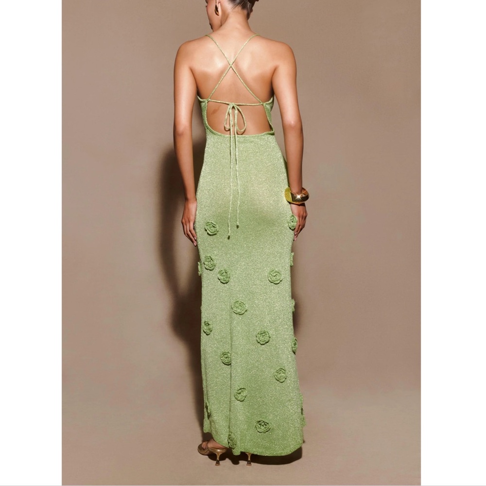 Meshki Suki Metallic Knit Maxi Dress Size M Women Tie Open Back In Pastel Green - Picture 15 of 15